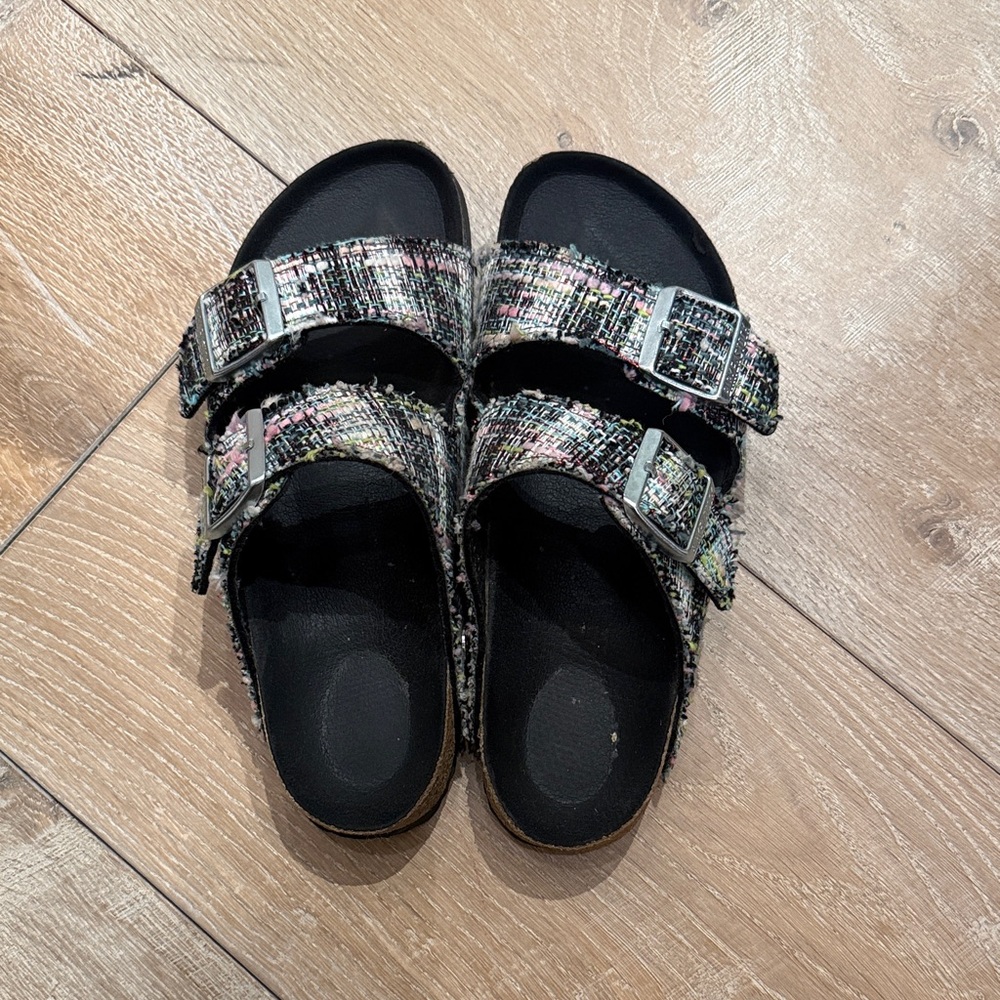 Birkenstock Multicolor Tweed Two-Strap Sandals with Black Footbed